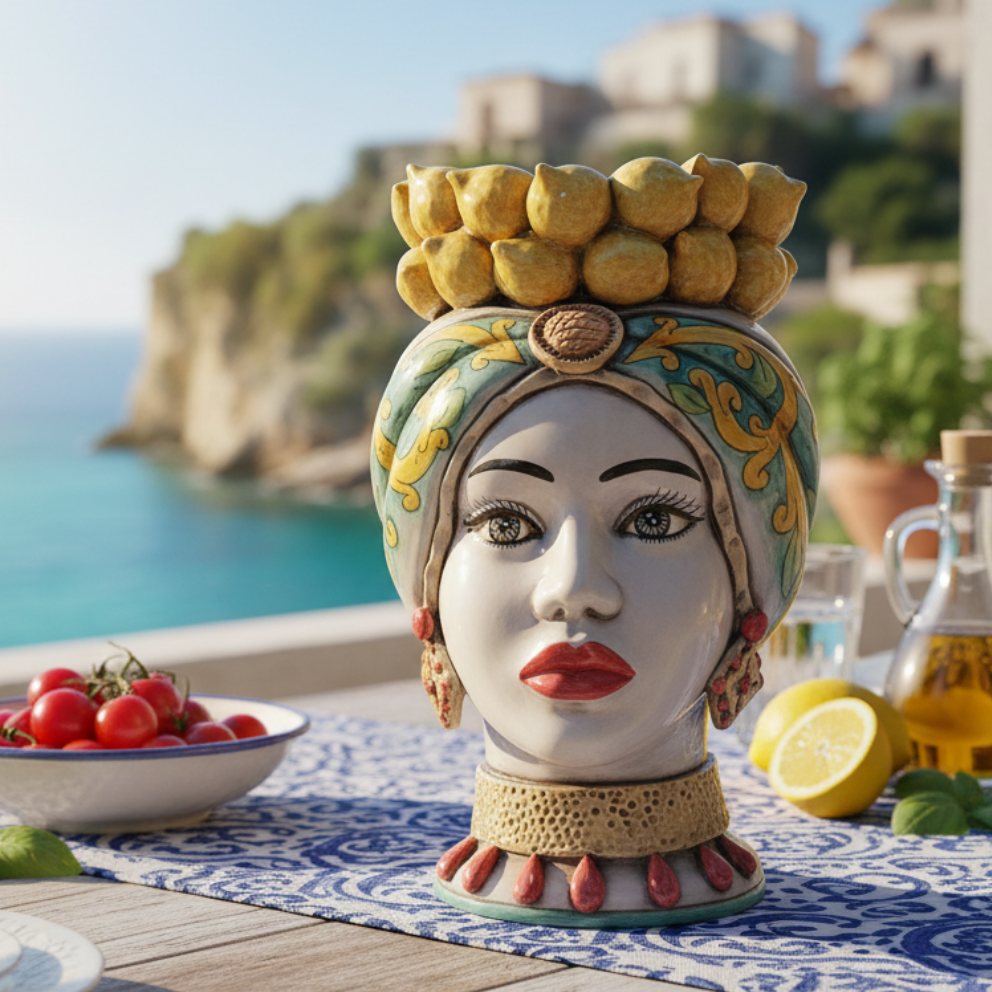 (Copia) Teste di Moro 38cm Limoni in Maiolica Siciliana di Santo Stefano di Camastra