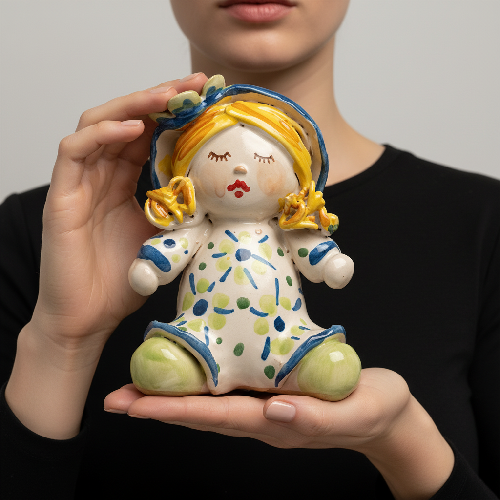 Sicilian Ceramic 15cm Flower Doll from Caltagirone