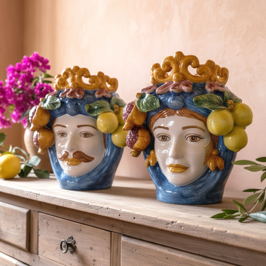 coppia di teste in ceramica di Caltagirone