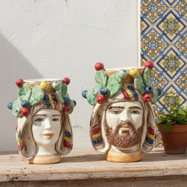 coppia di teste in maiolica siciliana di caltagirone