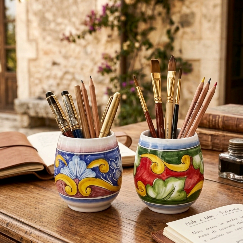 porta penne in maiolica decorata