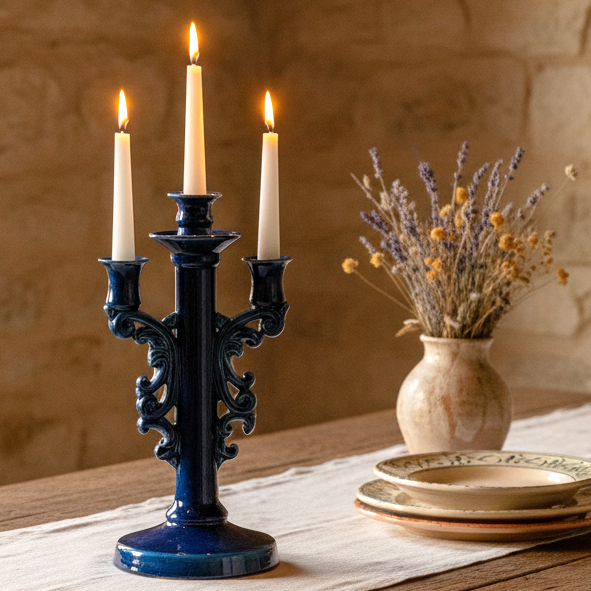 Caltagirone Ceramic Blue Candelabra with 3 Flames, 35cm