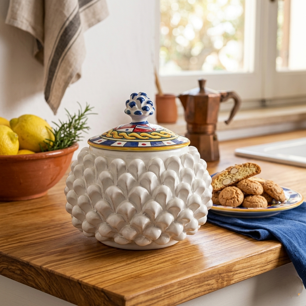 White Pine cone Biscuit Jar in Sicilian ceramic with Decorated lid