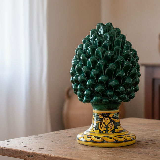 Green Pine Cone with Decorated Foot in Sicilian Ceramic 30cm