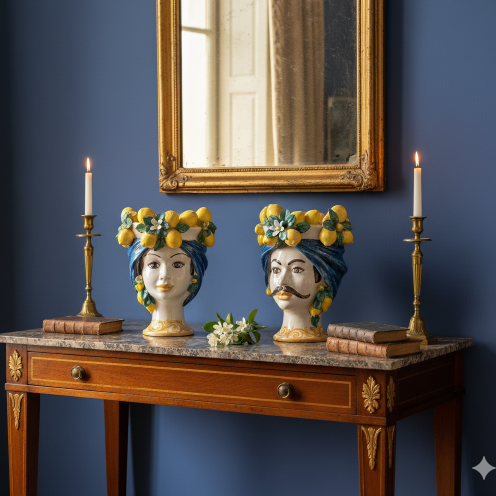 Teste di Moro h.33cm in Maiolica Siciliana di Caltagirone