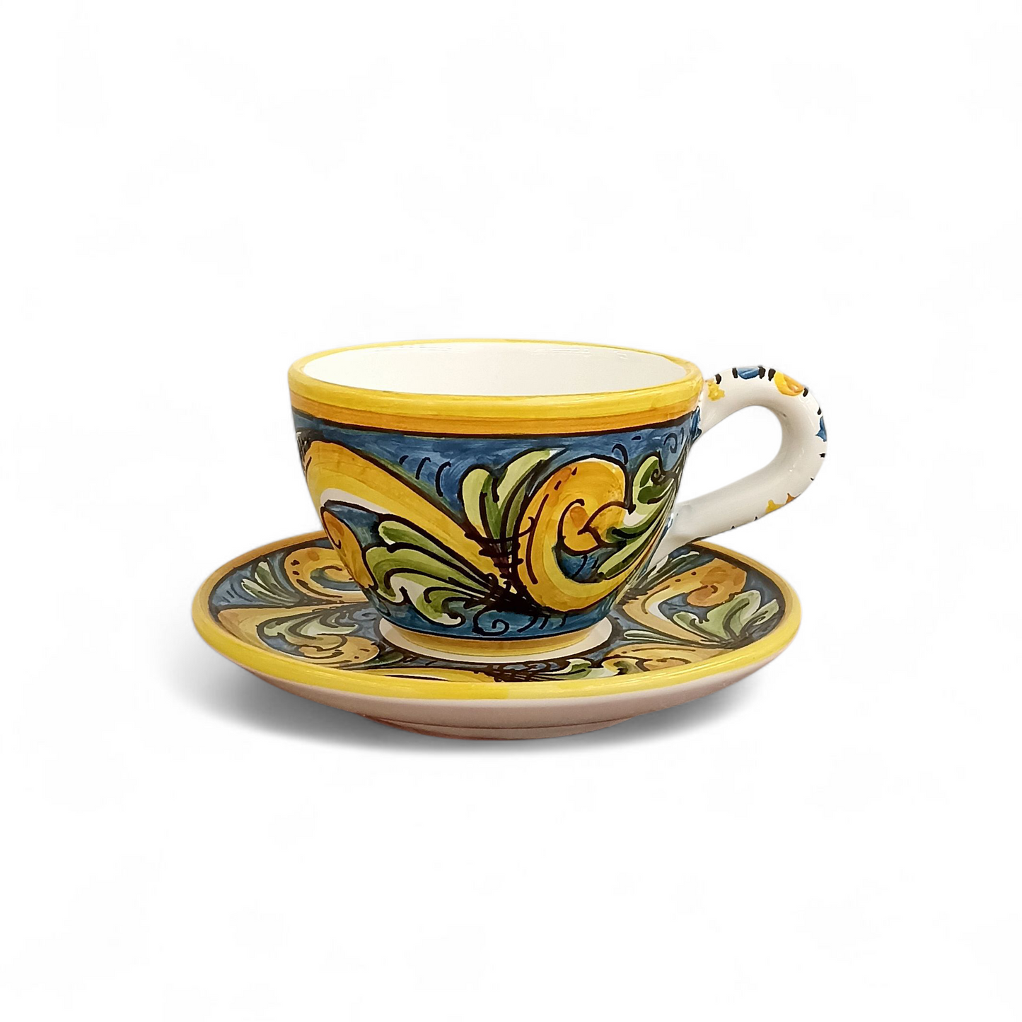 tazza decorata con piattino per il latte