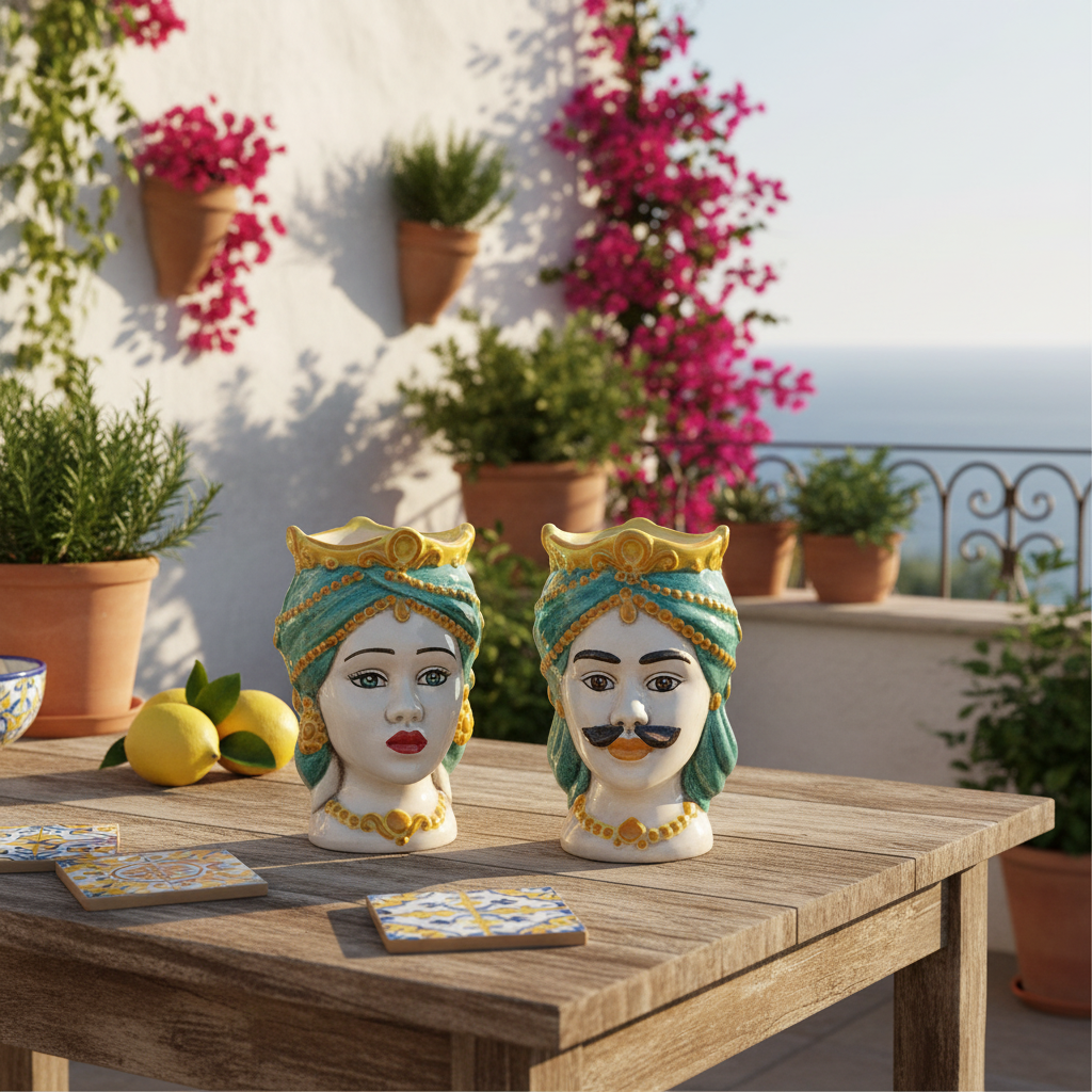 Coppia Teste di Moro 14cm in Ceramica Siciliana di Caltagirone