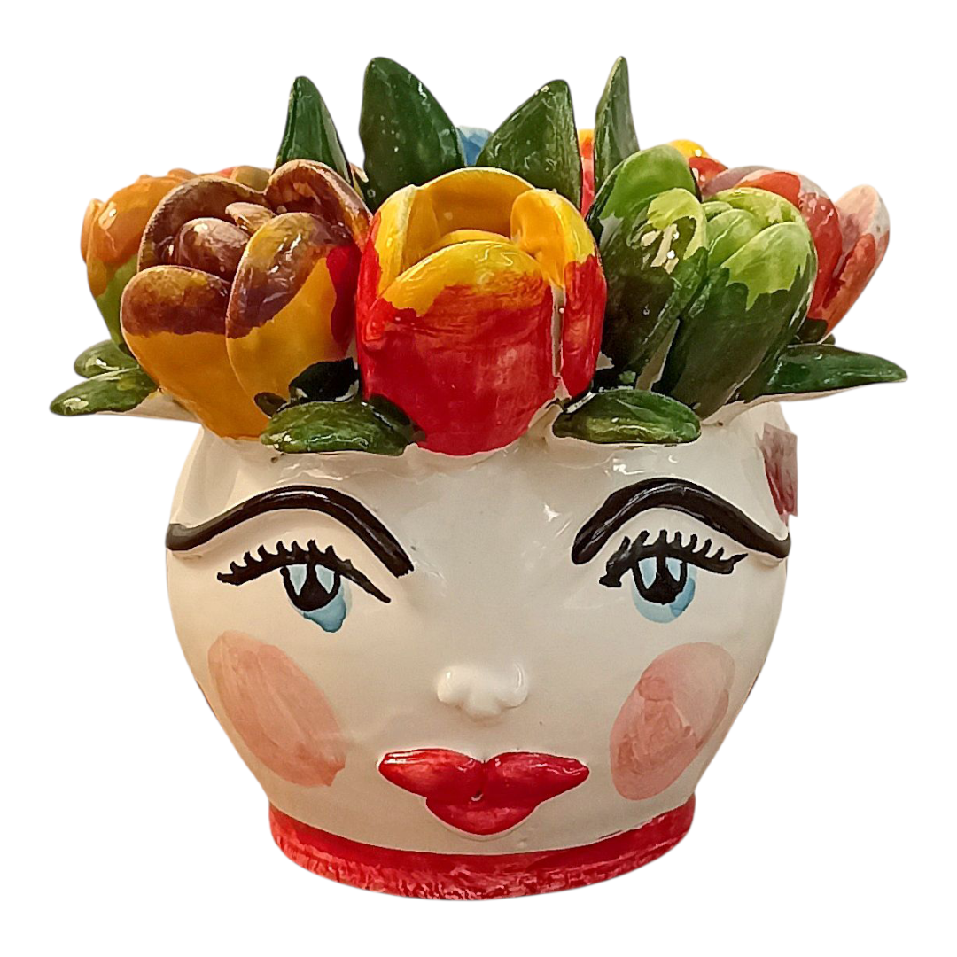testa con fiori in maoiolica di sicilia