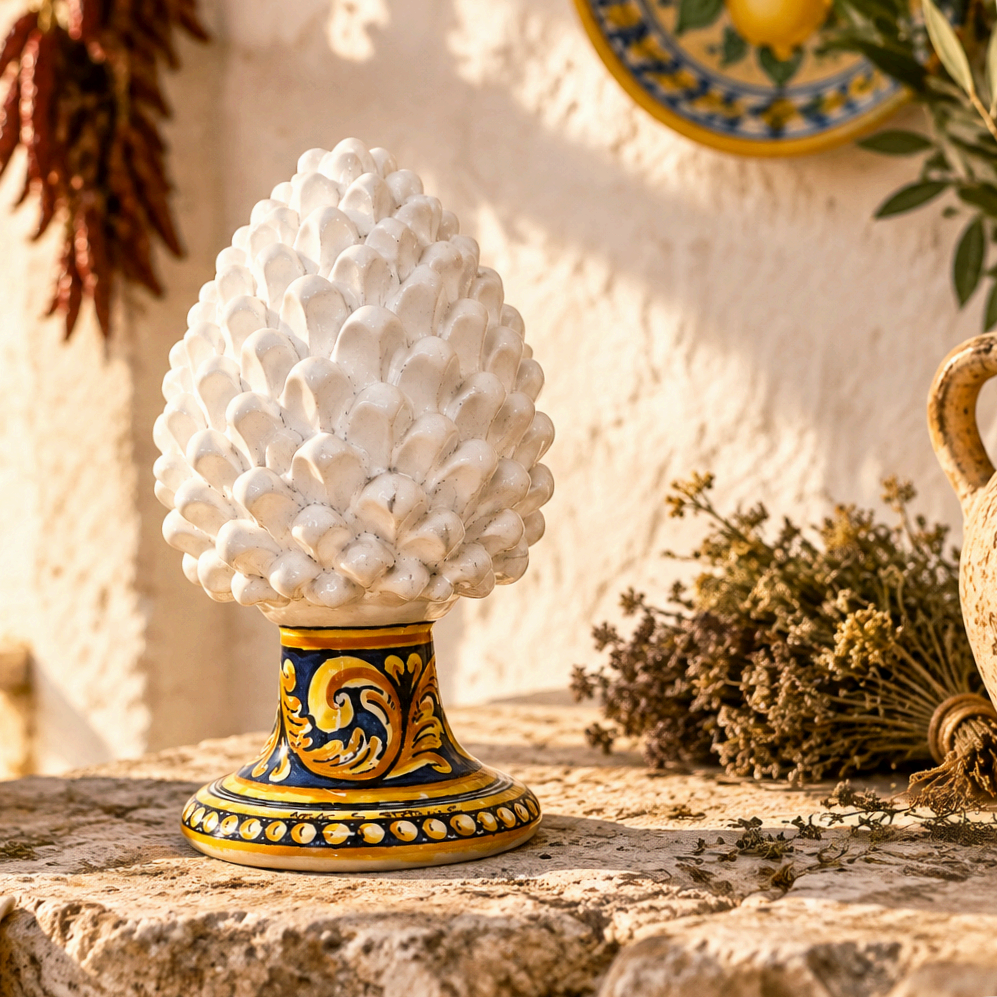 white pine cone in sicilian majolica
