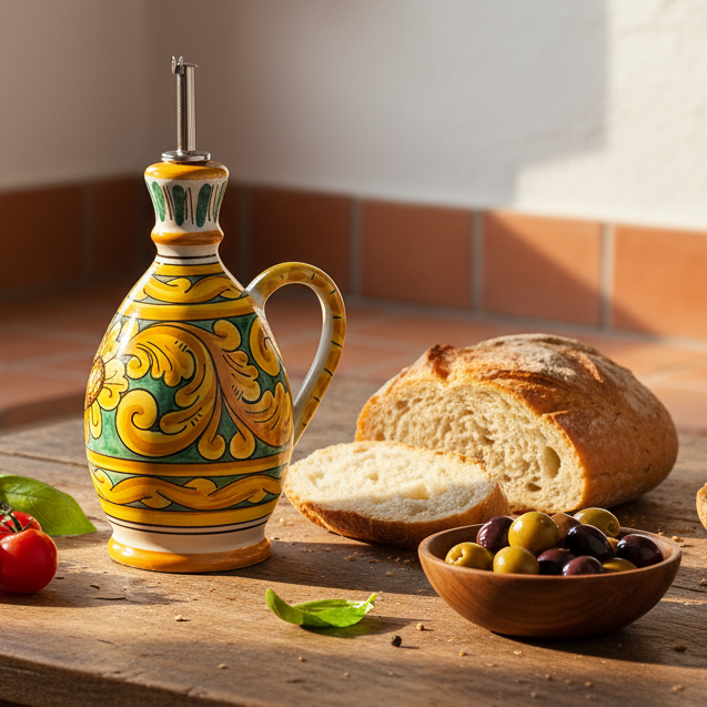 Olio e aceto da cucina in  maiolica Siciliana decorata a mano