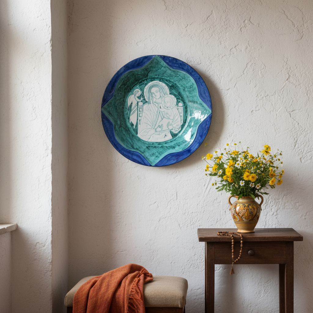 Piatto immagine sacra in maiolica di Sciacca