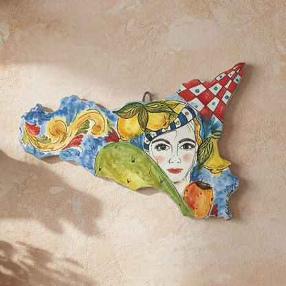 Sicilia in ceramica decorata da appendere alla parete