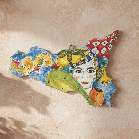 Sicilia in ceramica decorata da appendere alla parete