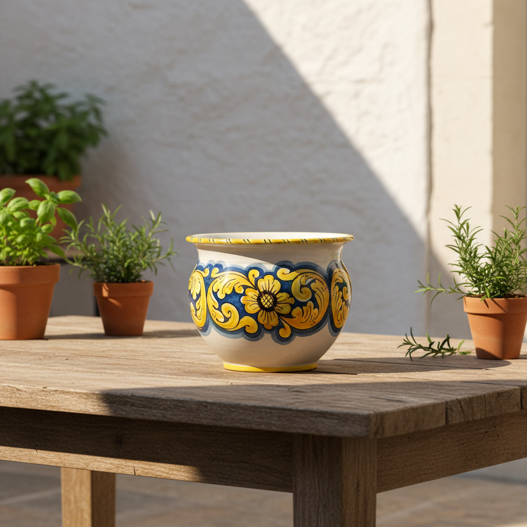 Vaso portapiante in maiolica decorata a mano