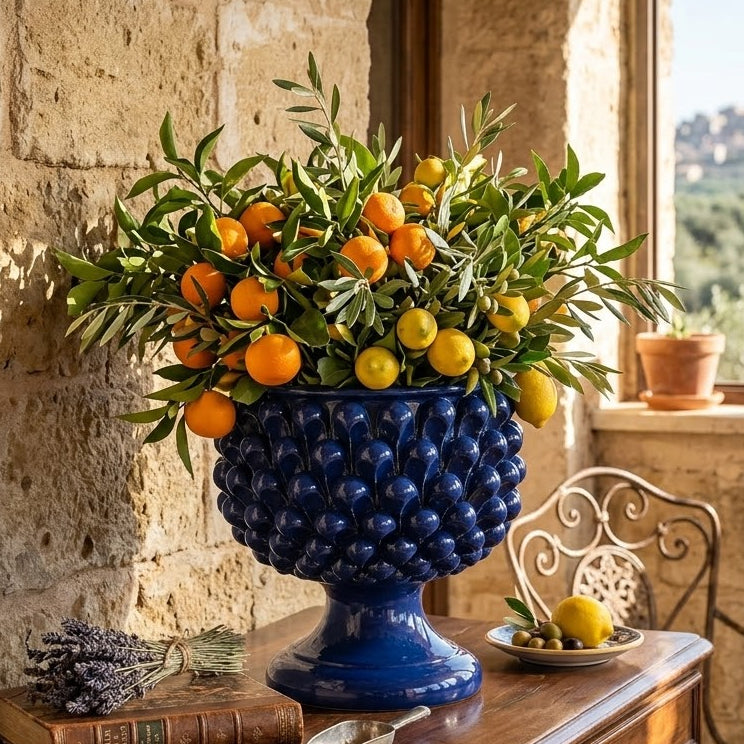 blue half pine cone vase in sicilian ceramic