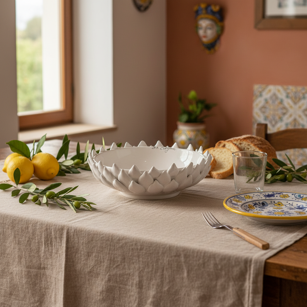 Centrotavola Acanto 22cm in Ceramica Siciliana di Caltagirone Bianco