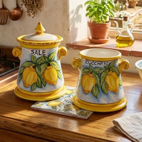 contenitori in maiolica per sale e zucchero