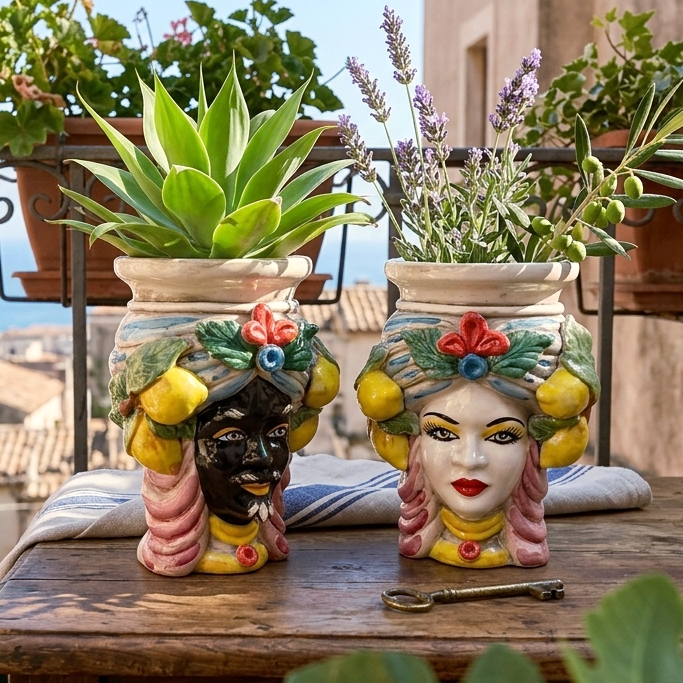 teste di moro in maiolica con limoni