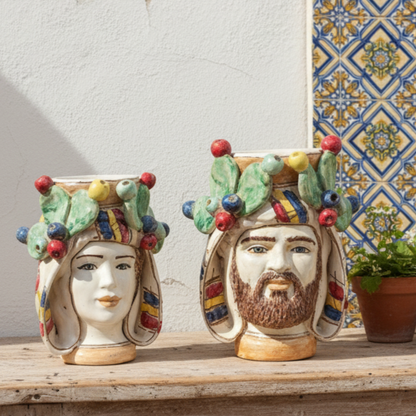 coppia di  teste in maiolica siciliana di caltagirone