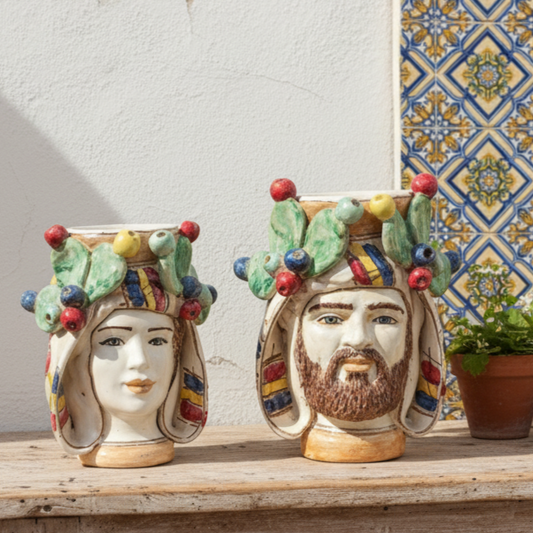 coppia di  teste in maiolica siciliana di caltagirone