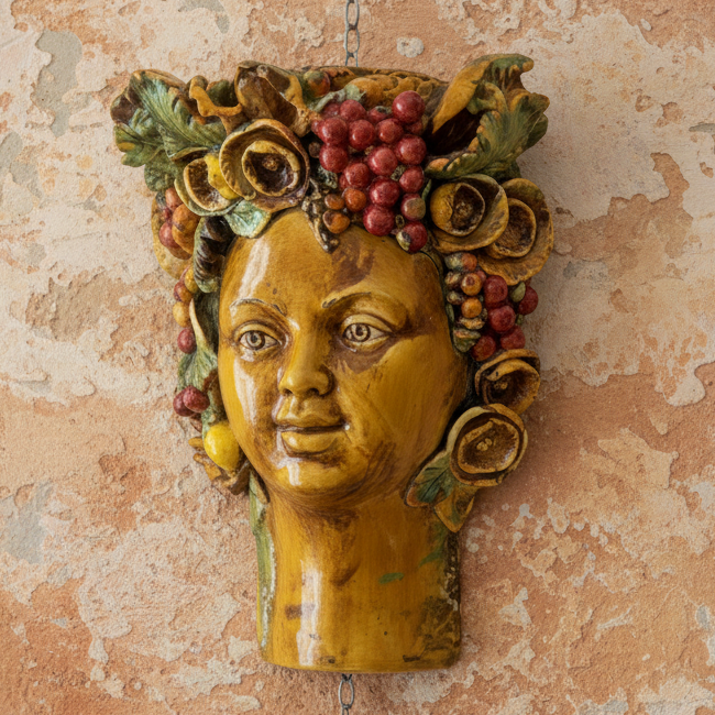 Maschera da parete in maiolica