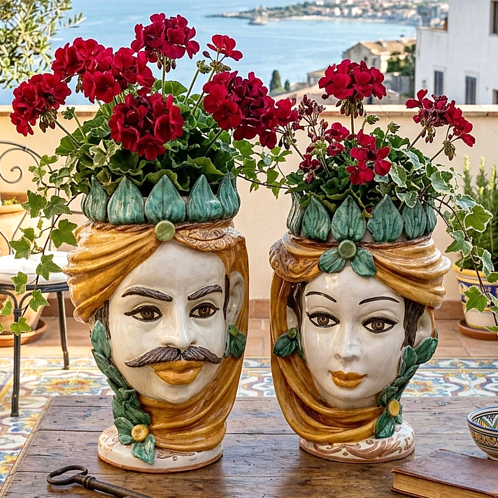 pair of sicilian ceramic moors heads