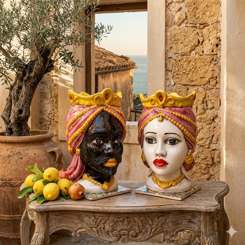 pair of heads in sicilian ceramic from caltagirone