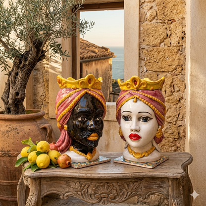 pair of heads in sicilian ceramic from caltagirone
