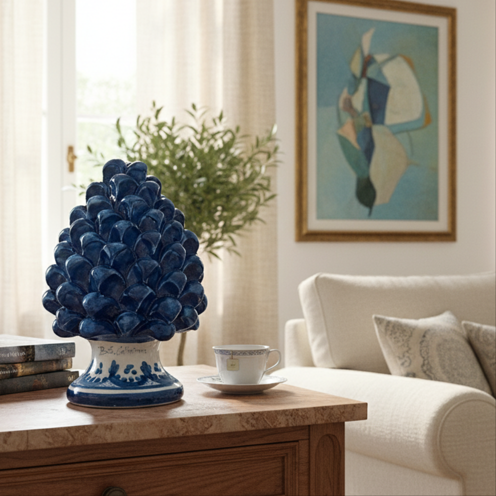 pigna blu in maiolica decorata