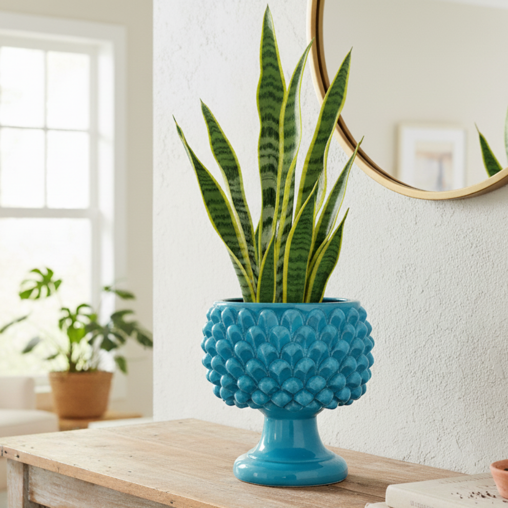 pine cone plant pot 25cm Turquoise Sicilian Ceramic Planter from Caltagirone