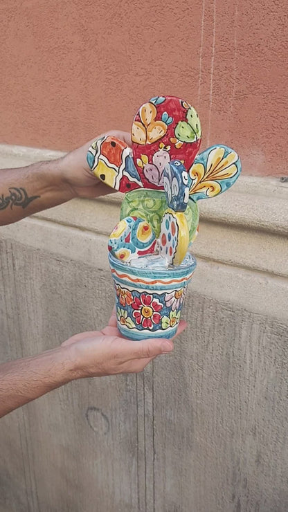 Pianta Fico d'India 29cm Multicolor in Ceramica Siciliana di Caltagirone