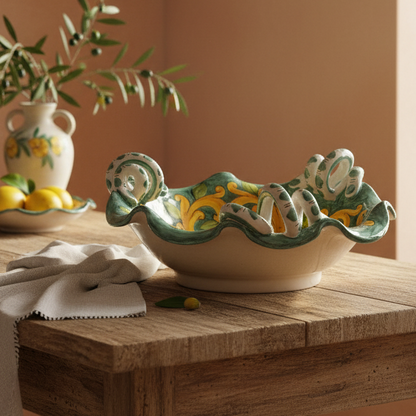 Centrotavola con Manici Ricciolo 32cm in Maiolica Siciliana di Santo Stefano di Camastra