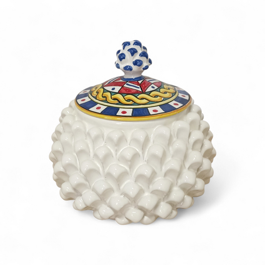 White Pine cone Biscuit Jar in Sicilian ceramic with Decorated lid