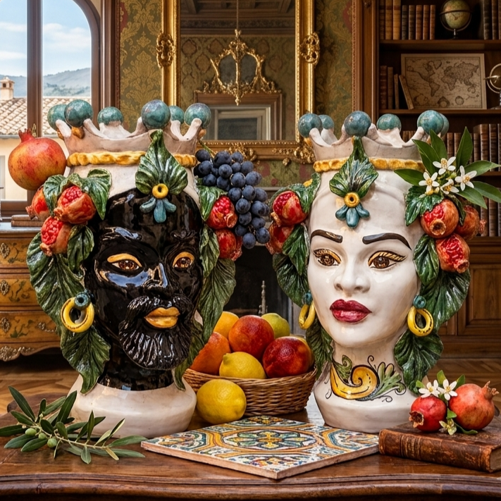 Teste di Moro con Melagrana in Ceramica di Caltagirone 32cm