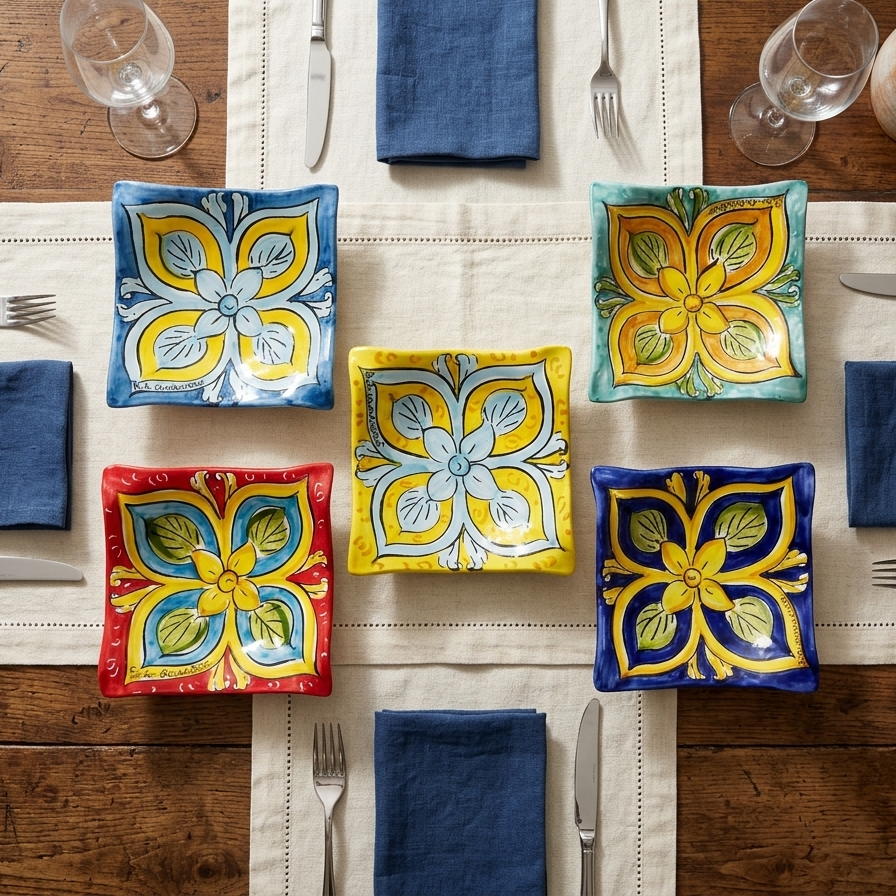 Square Plate "Flower of Sicily" in Caltagirone Ceramic 17x17cm