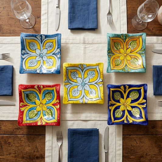 Piatto Quadrato "Fiore di Sicilia"  in Ceramica di Caltagirone 17x17cm