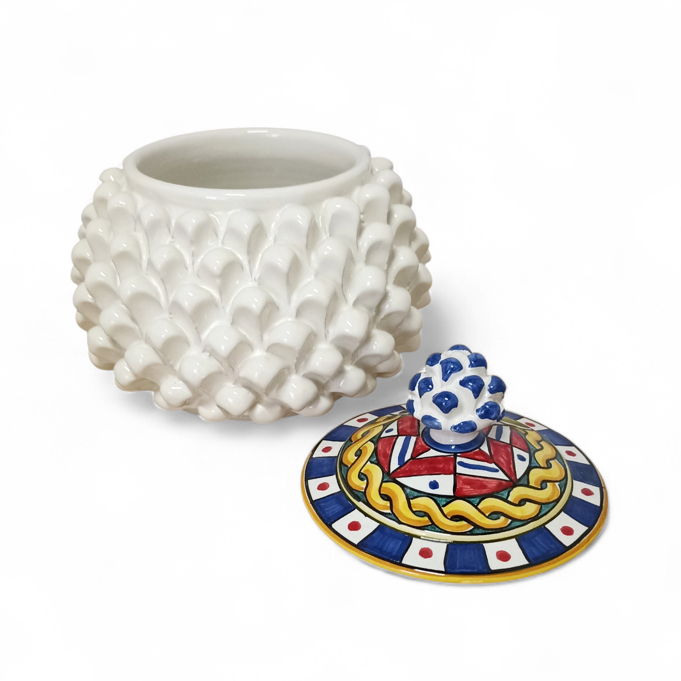 White Pine cone Biscuit Jar in Sicilian ceramic with Decorated lid