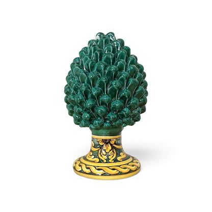 Green Pine Cone with Decorated Foot in Sicilian Ceramic 30cm