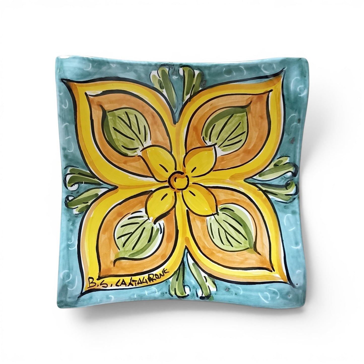 Square Plate "Flower of Sicily" in Caltagirone Ceramic 17x17cm