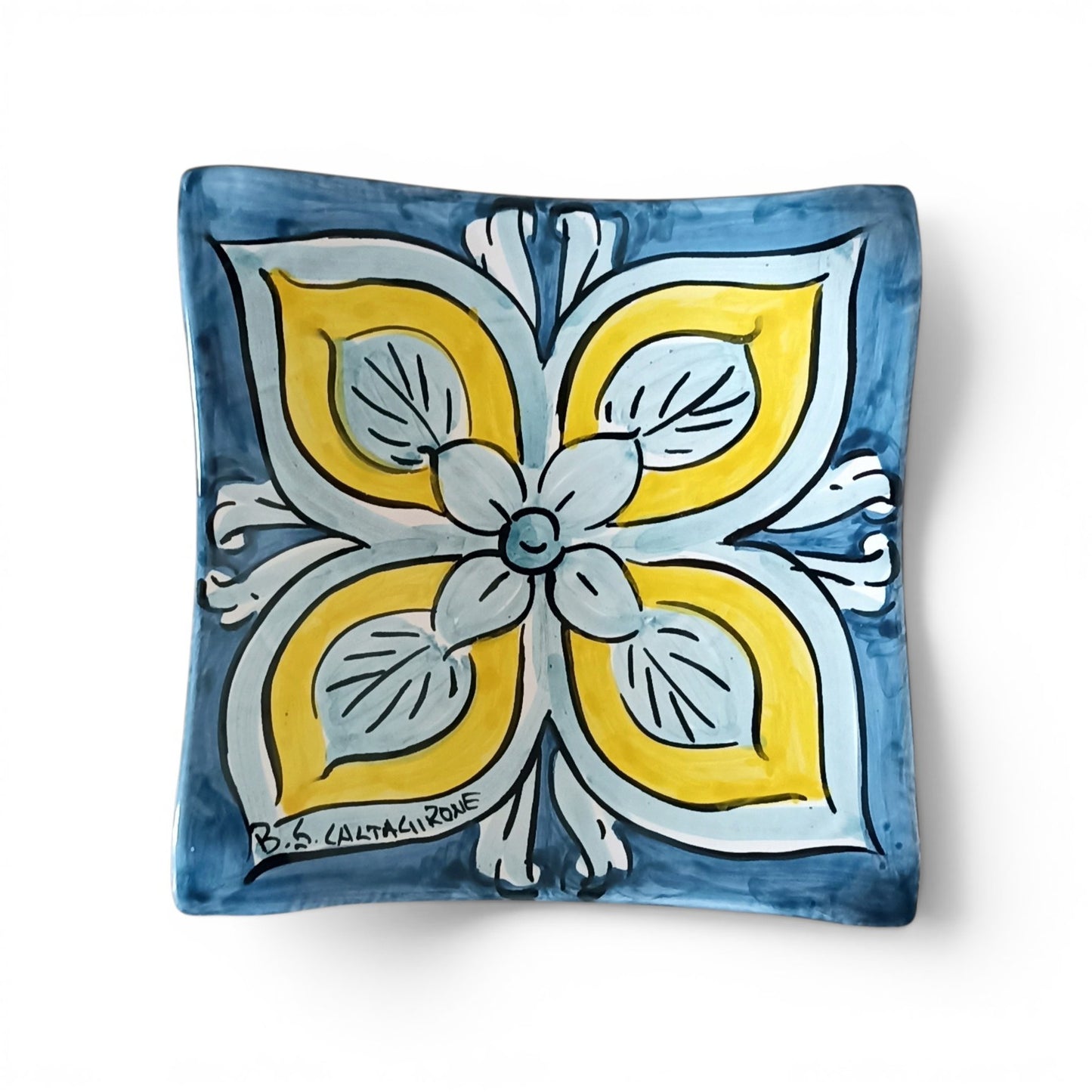 Square Plate "Flower of Sicily" in Caltagirone Ceramic 17x17cm