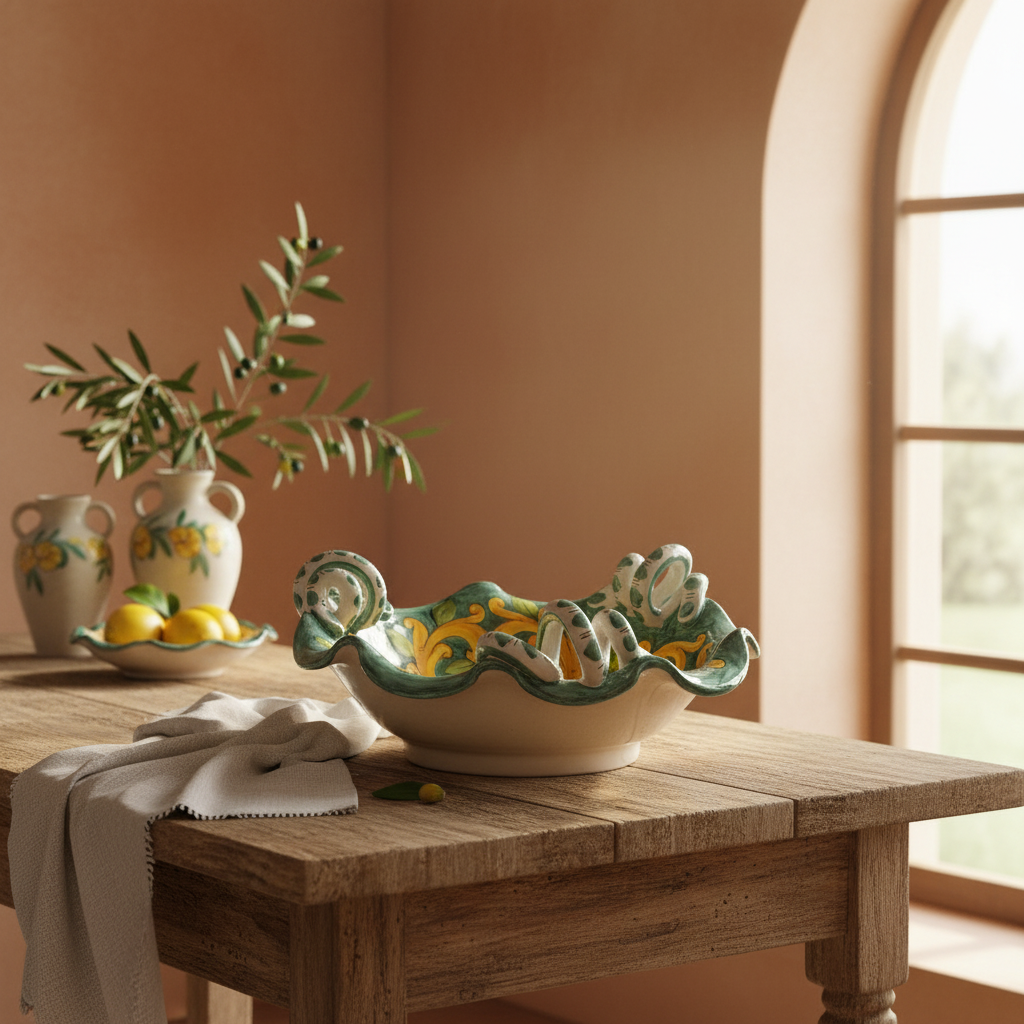 Centrotavola con Manici Ricciolo 32cm in Maiolica Siciliana di Santo Stefano di Camastra