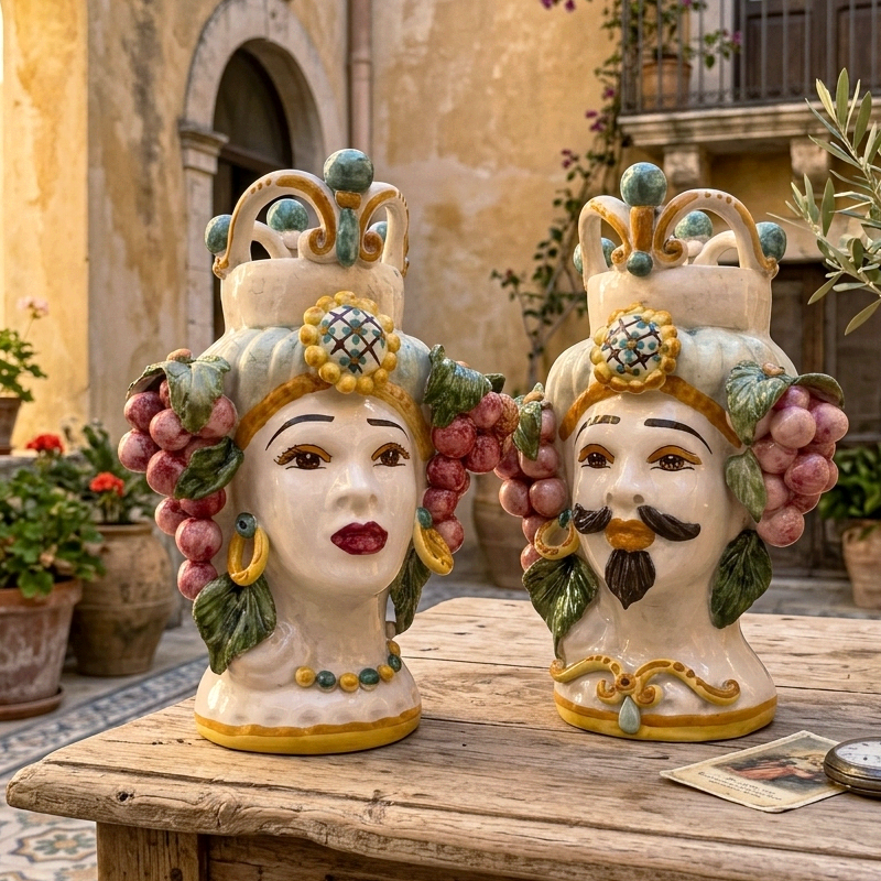  Sicilian Ceramic Moorish Heads with Grapes 26cm from Caltagirone