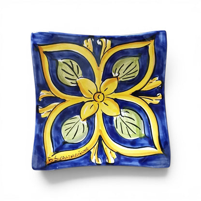 Square Plate "Flower of Sicily" in Caltagirone Ceramic 17x17cm