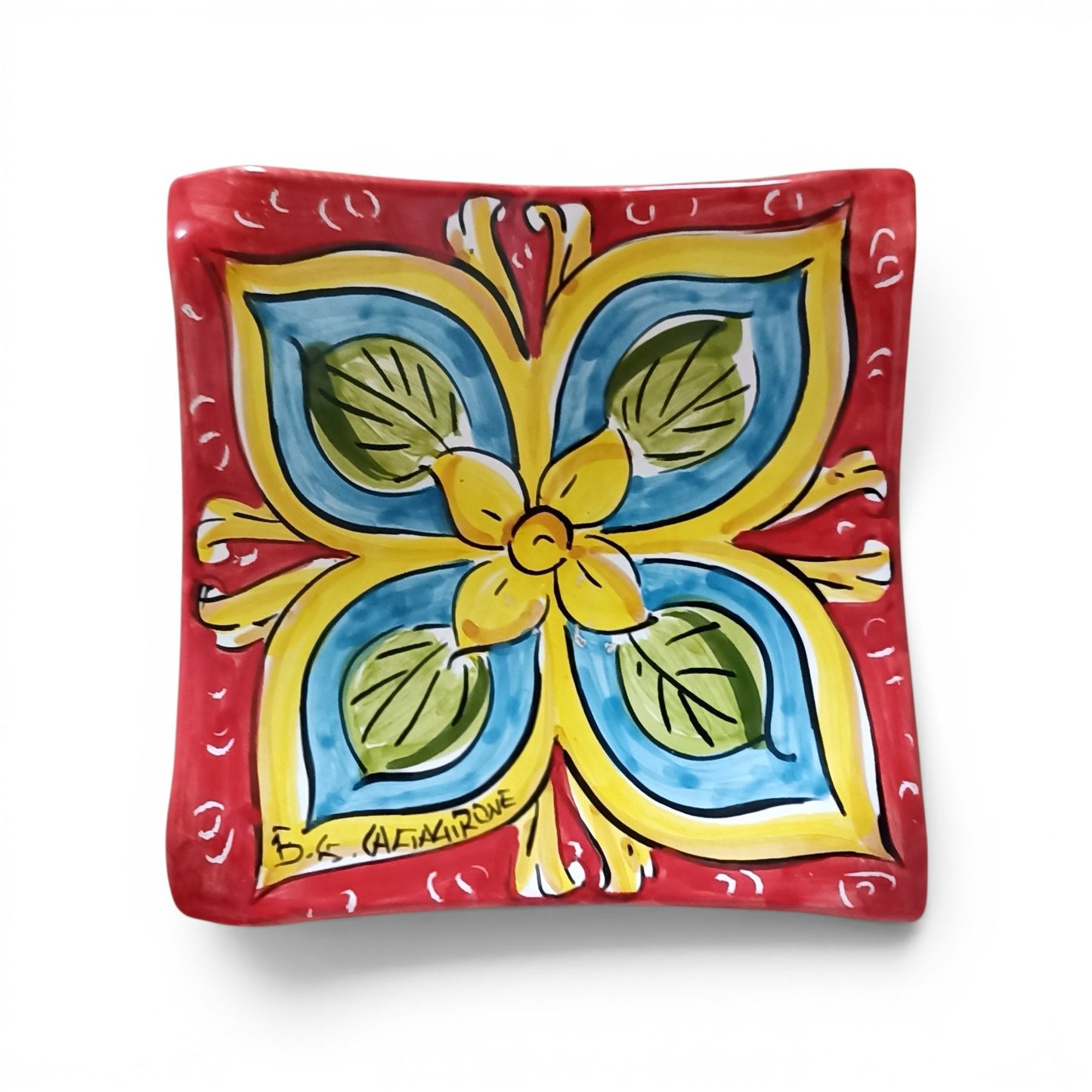 Square Plate "Flower of Sicily" in Caltagirone Ceramic 17x17cm