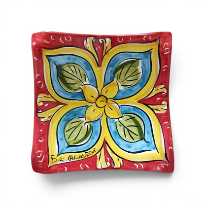 Square Plate "Flower of Sicily" in Caltagirone Ceramic 17x17cm