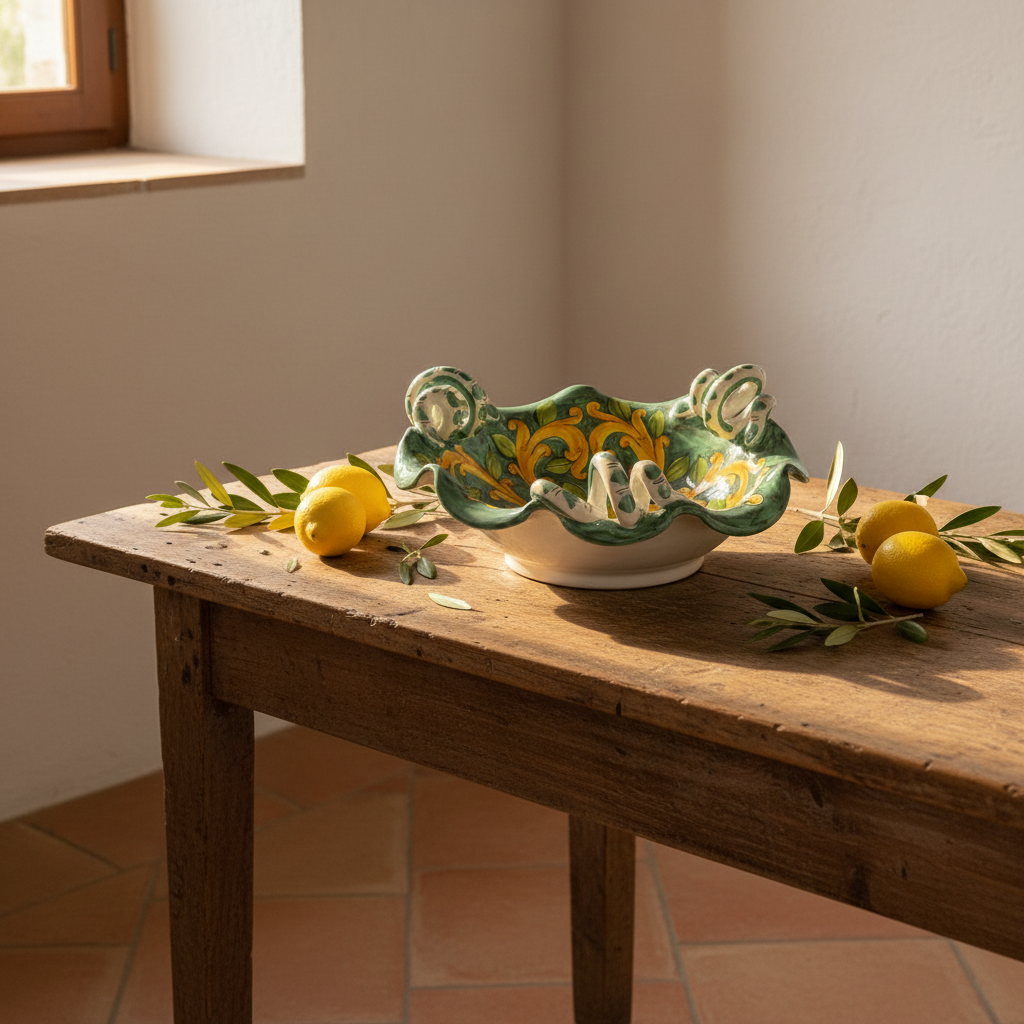 Centrotavola con Manici Ricciolo 32cm in Maiolica Siciliana di Santo Stefano di Camastra