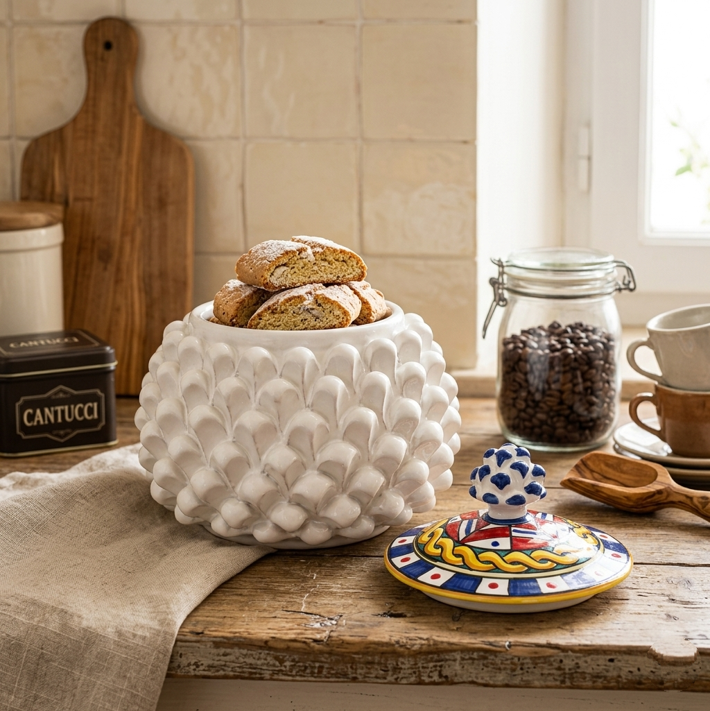 White Pine cone Biscuit Jar in Sicilian ceramic with Decorated lid