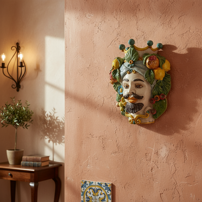 Mascherone 40cm Testa di Moro da Parete in Ceramica Siciliana di Caltagirone