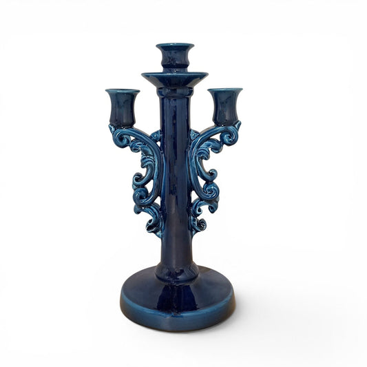 Candelabro Blu in Ceramica di Caltagirone a 3 Fiamme 35cm