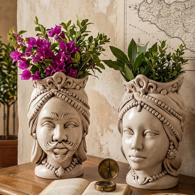 sicilian majolia pair of moors heads